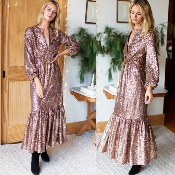 Emerson Fry Frances Rose Gold Chestnut Sequin Maxi Dress sz S